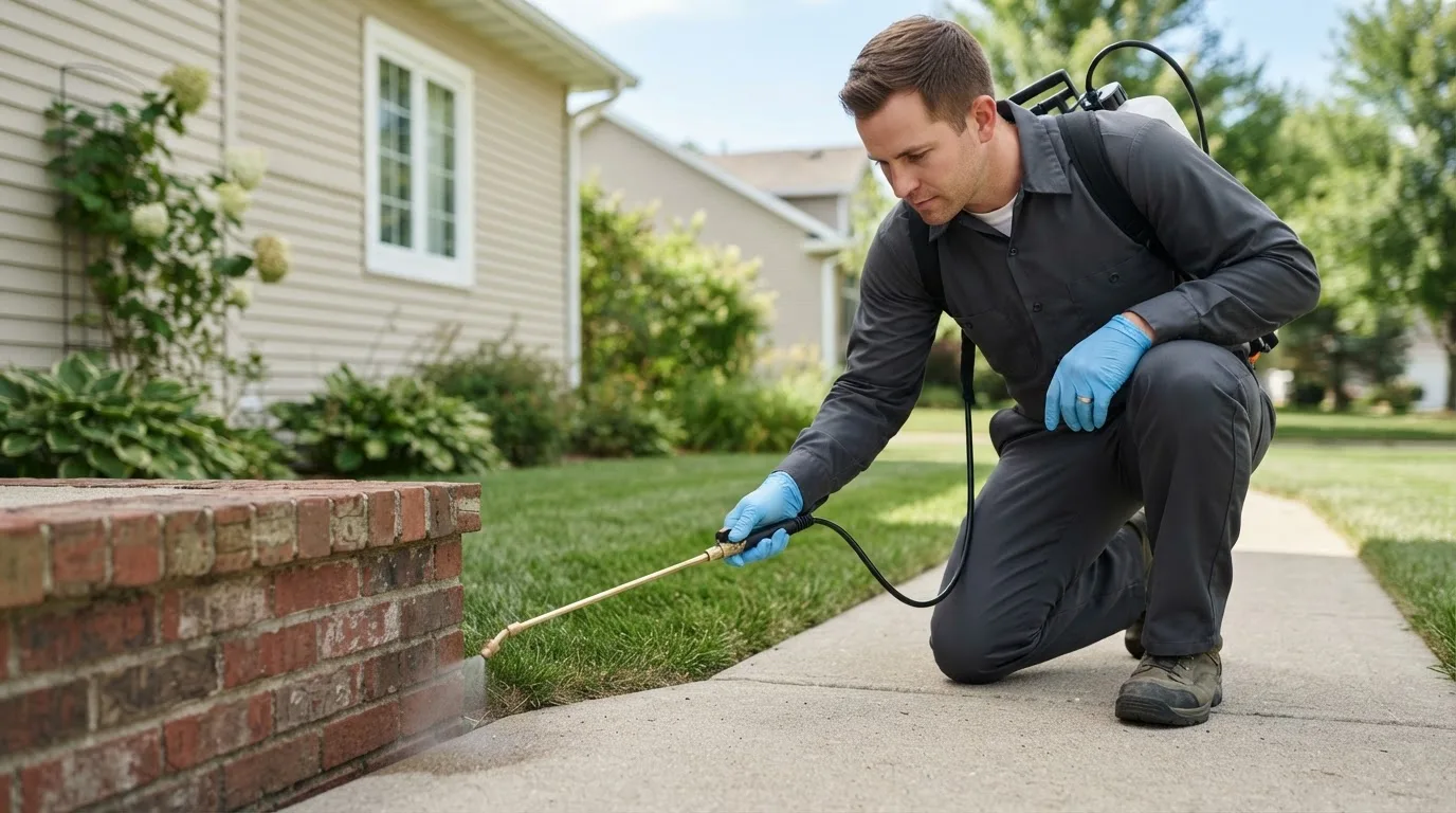 Pest control technician treating a home near Talmage, UT